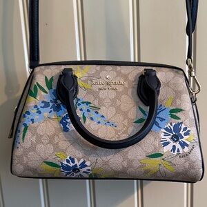 Kate Spade small satchel crossbody in tan with blue flowers